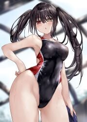 2d 2d_(artwork) asle ass bikini black_hair breasts date_a_live female light-skinned_female long_hair looking_down pool red_eyes solo solo_female thick_thighs thighs tokisaki_kurumi twintails