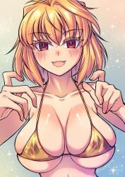 ahoge alternate_breast_size arcueid_brunestud big_breasts bikini blonde_hair blush breasts cleavage golden_bikini golden_week huge_boobs huge_breasts isurugiratone knockers large_boobs large_breasts looking_at_viewer melty_blood micro_bikini red_eyes short_hair smile smug top_heavy tsukihime