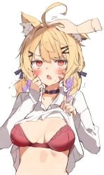 1girl ahoge animal_ear_fluff animal_ears blonde_hair blush bra breasts cat_ears cat_tail catgirl face_markings fang female hair_ornament hairclip long_sleeves looking_at_viewer medium_breasts open_mouth orange_eyes pink_bra red_bra red_eyes shirt simple_background solo_focus squchan_(vtuber) twintails underwear upper_body virtual_youtuber vyugen white_background