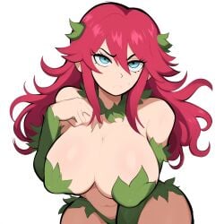 2d 2d_(artwork) ai_generated big_breasts blue_eyes covered_nipples dc dc_comics huge_breasts leaves leaves_on_body long_hair mullon novelai poison_ivy red_hair solo supervillain supervillainess white_background