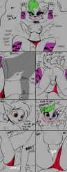 absurd_res anthro anus arm_warmers armwear ass backsack balls blush bodily_fluids breasts canid canine canis clothed clothed_sex clothing collar colored_nails comic cosplay costume cum cum_inside dialogue duo ear_piercing ear_ring eyeshadow fangs female five_nights_at_freddy's five_nights_at_freddy's:_security_breach from_front_position genital_fluids genitals green_highlights grunting hi_res highlights_(coloring) leg_warmers legwear lying makeup male male/female mammal missionary_position motion_lines nails nipples nude_male on_back orgasm partially_clothed penetration penis piercing pussy ring_piercing roxanne_wolf_(fnaf) scottgames sex spiked_collar spikes steel_wool_studios tail teeth tjpones topless unnamed_character vaginal_penetration wolf