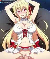 1boy ai_generated aliceliese_lou_nebulise_ix armpits arms_up bangs bare_shoulders blonde_hair blush blushing_at_partner breasts cleavage cleavage_cutout clothed_sex clothing clothing_cutout cowgirl_position dress female gloves hair_between_eyes hair_ornament hair_ribbon kimi_to_boku_no_saigo_no_senjou_arui_wa_sekai_ga_hajimaru_seisen large_breasts long_hair looking_at_viewer male nakadashi navel navel_cutout nose_blush open_mouth patreon patreon_url patreon_username penis pov pussy ranwai red_eyes red_ribbon ribbon semen sex short_dress sleeveless solo_focus spread_legs stable_diffusion stomach straddling straight twitter twitter_username vagina vaginal_penetration veins veiny_penis very_long_hair white_dress