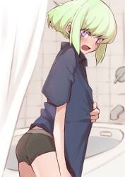 androgynous aus_vaka bathroom bathtub blush clothing embarrassed femboy fully_clothed lio_fotia looking_at_viewer pov promare solo twink