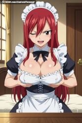 ai_generated aindroidparanoid bedroom big_breasts breasts brown_eyes busty cleavage covered_nipples curvy erza_scarlet fairy_tail female female_only grabbing_own_breast huge_breasts indoors large_breasts long_hair maid maid_apron maid_headdress maid_outfit maid_uniform nipples red_hair squeezing squeezing_breast stable_diffusion straight_hair touching_breasts voluptuous