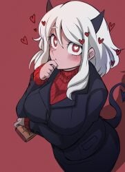 10eki_(tenchou) 1girls absurdres black_horns black_jacket black_skirt blush book breasts demon demon_girl demon_horns demon_tail female hand_on_own_chin heart heart-shaped_pupils hearts_around_head helltaker highres holding holding_book horns jacket looking_at_viewer modeus_(helltaker) red_background red_eyes red_sweater skirt sweater symbol-shaped_pupils tail white_hair