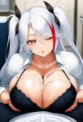 1boy 1girls ai_generated azur_lane between_breasts big_breasts bra breasts breasts breasts_out clothed cum cumshot female highres huge_breasts large_breasts long_hair male male_pov mole mole_on_breast one_eye_closed open_mouth paizuri paizuri_lead_by_female paizuri_on_lap paizuri_under_clothes penis pov prinz_eugen_(azur_lane) titjob titjob twintails uniform white_hair yellow_eyes