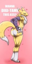 absurd_res anthro arm_warmers armwear ass bandai_namco black_sclera blue_eyes breasts canid canine clothing digimon digimon_(species) female fur hand_on_butt hi_res holidays looking_at_viewer mammal nipples nude raised_tail renamon simple_background smile solo solo_focus standing tail teastuff valentine's_day white_body white_fur yellow_body yellow_fur