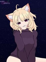 1girl ahoge animal_ears blonde_hair blood blush breasts cat_ears cat_tail catgirl eyebrows_visible_through_hair face_markings female long_sleeves night night_sky no_pants panties purple_eyes red_eyes shooting_star sitting sky smile solo space squchan_(vtuber) star_(sky) star_(symbol) starry_background starry_sky starry_sky_print sweater virtual_youtuber vyugen