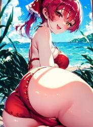 1girls ai_generated ass beach big_ass big_breasts bikini bikini_top bow breasts curvy curvy_figure female happy heterochromia hololive hololive_japan houshou_marine huge_breasts large_breasts light-skinned_female light_skin partially_visible_vulva red_bikini red_bikini_top red_eyes red_hair red_panties sea shiny_skin smile smiley_face thighs virtual_youtuber yellow_eyes