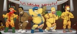 8boys armpit armpit_hair beard belly big_belly blue_hair body_hair carl_carlson chest_hair chief_wiggum chubby dark-skinned_male dark_skin dilf erection facial_hair fat fat_man foreskin groundskeeper_willie hairy hairy_male homer_simpson human indoors julius_hibbert kilt leg_hair lenny_leonard lovkuma male male_nipples male_only moe_szyslak muscular muscular_male ned_flanders nipples nude obese obese_male overweight overweight_male penis red_hair remake tearing_clothes the_simpsons thick underwear yellow_skin