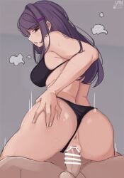 1girls ass_focus black_bikini black_bikini_bottom black_bikini_top brown_eyes cowgirl_position doki_doki_literature_club female functionally_nude functionally_nude_female grabbing_ass hairless_pussy motion_lines panties_aside purple_hair purple_hairband pussy_juice riding scars scars_on_arm self_harm_scars tagme yuri_(doki_doki_literature_club)