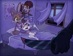 blaze_the_cat blue_eyes bra brown_hair bunnie_rabbot female legs_together long_hair monkeycheese open_mouth panties sally_acorn slasher sonic_(series) spread_legs