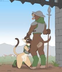 animal_genitalia anthro armor ass balls biped bottomless brown_body brown_fur canid canine canis clothed clothing domestic_cat domestic_dog duo felid feline felis fellatio fur genitals hi_res holding_melee_weapon holding_object holding_polearm holding_spear holding_weapon interspecies jishinu male male/male mammal melee_weapon open_mouth oral outside penile penis polearm pupils sex sheath spear thick_thighs tongue tongue_out weapon