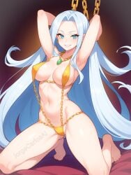 1girls ai_generated amulet big_breasts bikini breasts chains cyan_eyes female female_focus girl gold gold_(metal) golden_bikini golden_chains golden_swimsuit gradient_background jorgecarlosai kneeling long_hair nsfw princess sexy silver_hair smile swimwear very_long_hair watermark