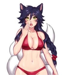 1girls ahri animal_ears bikini black_hair braid braided_hair cleavage collarbone facial_markings feet_out_of_frame female female_only fox_ears fox_girl fox_tail kumiho league_of_legends long_hair medium_breasts multiple_tails navel red_bikini riot_games shocked_expression simple_background solo standing surprised_expression swimsuit tail thick_eyebrows two-piece_swimsuit whisker_markings white_background white_fur wraithraph yellow_eyes