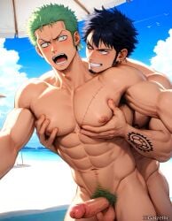 2boys abs ai_generated armpit_hair bara beach black_hair blush completely_nude earrings erection facial_hair foreskin gaizellic goatee grabbing grabbing_from_behind green_hair grin groping happy_sex imminent_anal imminent_penetration jewelry large_pectorals long_sideburns male male_focus male_only male_pubic_hair multiple_boys muscular muscular_male navel navel_hair nipples nude one_piece outdoors pectoral_grab pectorals penis pubic_hair roronoa_zoro sex short_hair shoulder_tattoo sideburns smile stomach tattoo testicles trafalgar_law uncensored veins veiny_penis yaoi