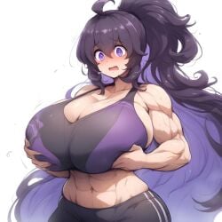 abs ai_generated breasts_bigger_than_head hex_maniac holding_breast huge_breasts long_hair muscle_mommy muscular_female ponytail surprised workout_clothes