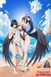 2girls ainz_ooal_gown albedo_(overlord) beach beach_background bikini black_hair clothes crossover esper feet female fubuki_(one-punch_man) green_eyes green_hair horn long_hair no_sex one-punch_man overlord_(maruyama) saitama succubus temptation wings yellow_eyes