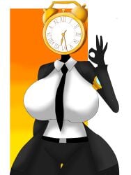 alarm_clockman big_breasts black_jacket black_pants black_skin clock_man_(skibidi_multiverse) clock_woman_(skibidi_multiverse) clothed miss_moji necktie okay_sign skibidi_toilet skibidi_toilet_multiverse white_shirt