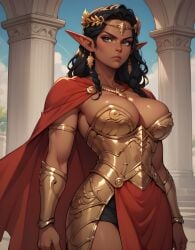 ai_generated big_breasts black_hair cleavage columns dark-skinned_female dark_elf elf elf_ears elf_female eogard_orc female_armor gold_(metal) gold_jewelry golden_armor green_eyes laurel_crown red_cape self_upload serious stable_diffusion