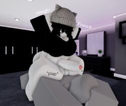 1boys 1futa 3d anal anal_sex anal_sex beanie bed bedroom big_breasts big_penis breasts futanari hat large_breasts male_on_futa on_top partially_clothed partially_clothed_female roblox roblox_avatar robloxian text thighs white_hair white_skin