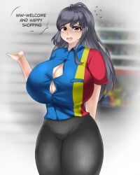 a_can420 breast_expansion bursting_breasts button_down_shirt cashier nervous nervous_smile tight_clothing