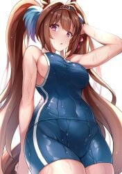 :o absurdres animal_ears arm_up bare_arms breasts brown_hair commentary_request covered_navel daiwa_scarlet_(umamusume) female gem hair_between_eyes hand_in_own_hair highres horse_ears horse_girl horse_tail long_hair looking_at_viewer medium_breasts nene_(atsushi_hamano) purple_eyes sideboob simple_background solo standing swimsuit tail tiara tracen_swimsuit twintails umamusume very_long_hair wet white_background