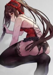 2d 2d_(artwork) ass big_ass big_butt black_hair breasts crouching date_a_live female female_only heterochromia light-skinned_female lingerie long_hair red_eyes socks solo solo_female swimsuit thighs tokisaki_kurumi twintails