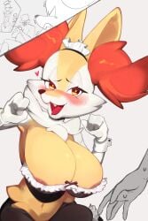 2:3 anthro areola areola_slip big_breasts biped bombeebus braixen breasts canid canine clothing duo female female_anthro female_focus fur generation_6_pokemon heart_eyes heart_symbol hi_res inner_ear_fluff maid_uniform mammal nintendo pokemon pokemon_(species) simple_background solo_focus tuft uniform white_body white_fur yellow_body yellow_fur