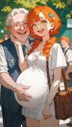 ai_generated elderly_male happy old_man older_male orange_hair pregnant pregnant_female small_breasts smaller_female yellow_eyes