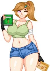 big_ass big_breasts big_hips book crop_top genderbent genderswap guide_(terraria) jean_shorts pixel_art pixelated ponytail re-logic rule_63 short_jeans short_shorts shorts terraria the_guide_(terraria) thick thick_thighs treinonsense wink winking