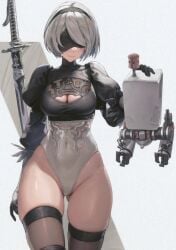 1girls 1other artist_collaboration black_blindfold black_hairband blindfold breasts cleavage covered_eyes curvy female gloves goddess_of_victory:_nikke hairband highleg highleg_leotard highres large_breasts leotard mole mole_under_mouth nier nier:_automata nier_(series) official_art puffy_sleeves shiny_skin short_hair solo thighhighs thighs white_hair white_leotard wide_hips yorha_2b