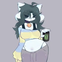 anthro breasts cleavage clothed clothing pants scentedpocky temmie temmie_(undertale) thighs undertale undertale_(series)