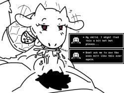 1boy 1girls blowjob boss_monster cum cum_in_sex_toy dialogue fangs goat handjob heart horns motion_lines oven_mitt pubic_hair red_eyes rrotzu sex_toy splurt tongue tongue_out tongue_out_blowjob toriel toriel_oven_mitt undertale