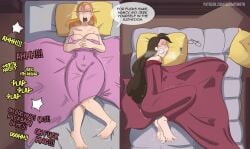 2girls adult_swim begging_for_cum blanket dialogue glasses hermitmoth impregnation_request jerkingoff masturbating morty_smith nancy_(rick_and_morty) plap rick_and_morty sex speech_bubble summer_smith toes tricia_lange