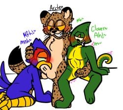 anthro anthropomorphic blue_feathers chameleon cheetah cock_sucking cuntboy dominant_anthro dominant_male falco_lombardi falcon green_scales leon_powalski male_only oc rubbing_clitoris star_fox submissive_anthro submissive_male threesome