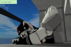 1boy 1furry 3d anal_sex balcony cap dummy_(roblox) fur gay_sex glasses goofylookin large_penis looking_back paws request roblox source_request tail white_fur white_skin yaoi