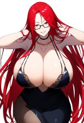 ai_generated blue_eyes gigantic_breasts mischievous_smile model red_hair ruze_(oc) white_background