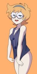 1girls blonde_hair blue_eyes bottomless female female_only glasses highres little_witch_academia lotte_yansson mergeritter short_hair solo