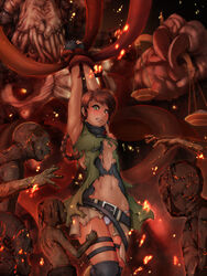 1girls 1monster 4boys abuse animeflux ariela ariela_stone arms_up belt blood bondage braid breasts brown_hair cuts female female_human freckles green_eyes helpless human monster navel nipples original panties restrained single_braid stockings sweat tears thigh_strap torn_clothes white_panties zombie