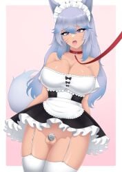 breast_forms chastity_cage chastity_device cleavage collar dress fake_breasts feminization flat_chastity_cage jesscatg kuromaru_(original_character) leash maid maid_apron maid_dress maid_headdress maid_uniform shiny_skin stockings tagme thighhighs