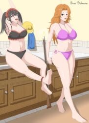 2d 2d_(artwork) 2girls ass bene_delineare big_breasts bikini black_hair blue_hair breasts cleavage date_a_live female female_only heterochromia light-skinned_female long_hair orange_hair red_eyes shotgun sitting thighs tokisaki_kurumi towel