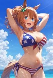 ai_generated american_flag_bikini animal_ears belly big_breasts bikini blue_eyes cleavage female hair_accessory happy horse_girl light_brown_hair navel patriot patriotic_clothing patriotism ponytail smile taiki_shuttle_(umamusume) umamusume umamusume_pretty_derby