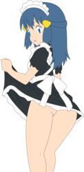 1girls absurdres ass blue_eyes blue_hair busakumas dawn_(pokemon) female female_only highres human legs long_hair maid maid_uniform miniskirt nintendo no_panties photoshop pokemon skirt smile solo thighs vector_trace