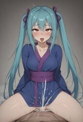 ai_generated blue_hair blue_kimono cowgirl_style hatsune_miku japanese_clothes masa_works_design oni_to_kitsune_no_hanashi pov purple_sash self_upload sex shuri_oborodzuka squirting_cum_from_pussy tongue_out twintails