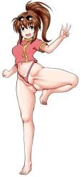 alternate_color ass ass_visible_through_thighs barefoot big_ass big_breasts bottomless breasts brown_hair cameltoe fat_mons feet happy huge_thighs large_ass large_breasts leg_lift looking_at_viewer ponytail precis_neumann pussy pussy_wedgie shirt star_ocean star_ocean:_the_second_story star_ocean_the_second_story thick_thighs thighs thong v