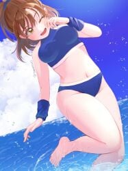 ;d arle_nadja bangs barefoot bikini blue_bikini blue_sky blue_swimsuit blush breasts brown_eyes brown_hair clothing cloud day feet female female hair_ornament long_hair looking_at_viewer madou_monogatari medium_breasts medium_hair navel ocean one_eye_closed open_mouth outdoors ponytail puyo_puyo short_hair sky smile solo splashing sportswear standing standing_on_one_leg swimsuit tamamiyau tied_hair water yellow_eyes