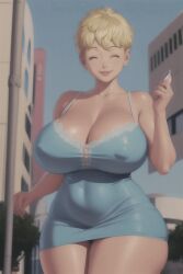 ai_generated big_breasts blonde_hair blue boobs_bigger_than_your_head breasts cleavage dragon_ball dress dripping huge_boobs mature_woman milf mother nipples panchy panchy_(dragon_ball) panchy_briefs pernalisa thick_thighs