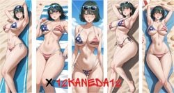 ai_generated american_flag_bikini beach beach_towel bikini fubuki_(one-punch_man) huge_breasts multiple_images posing posing_for_picture small_waist sunglasses sweating watermark wide_hips