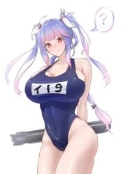 ? absurdres aged_up alternate_breast_size blue_hair blush breasts collarbone commentary_request cowboy_shot female flower-shaped_pupils hair_ribbon highres holding holding_torpedo huge_breasts i-19_(kancolle) kantai_collection large_breasts long_hair looking_at_viewer name_tag one-piece_swimsuit red_eyes ribbon school_swimsuit shushan smile solo swimsuit symbol-shaped_pupils torpedo tri_tails undersized_breast_cup white_background